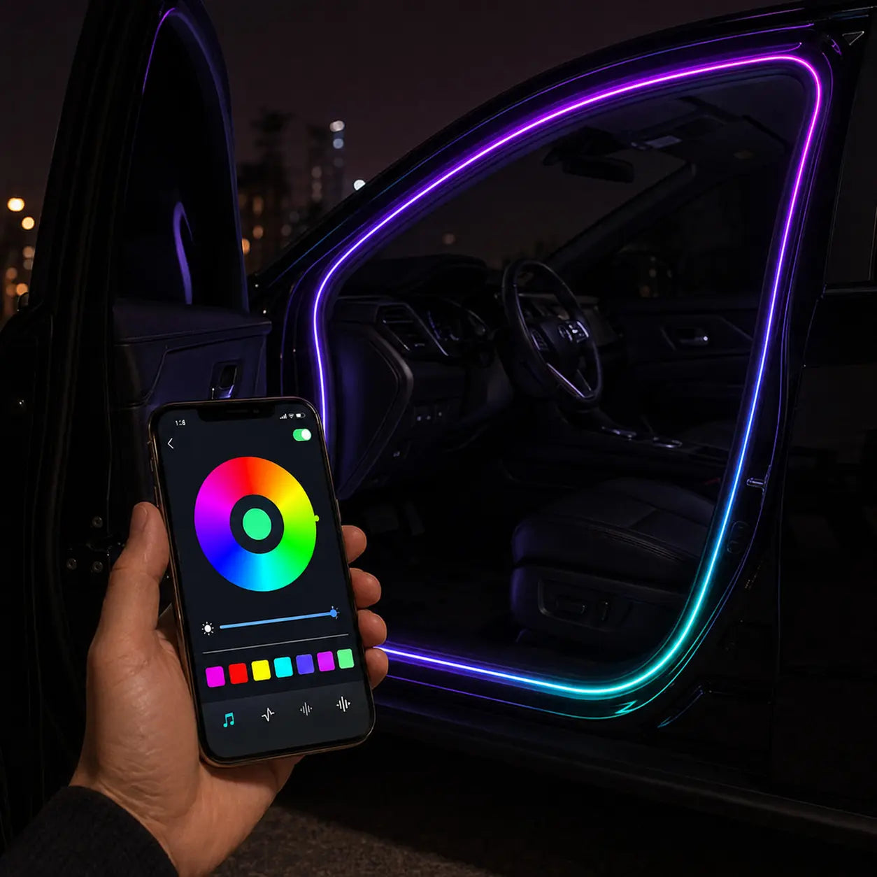 Smartphone app controlling the colors of a full illuminated car door opening